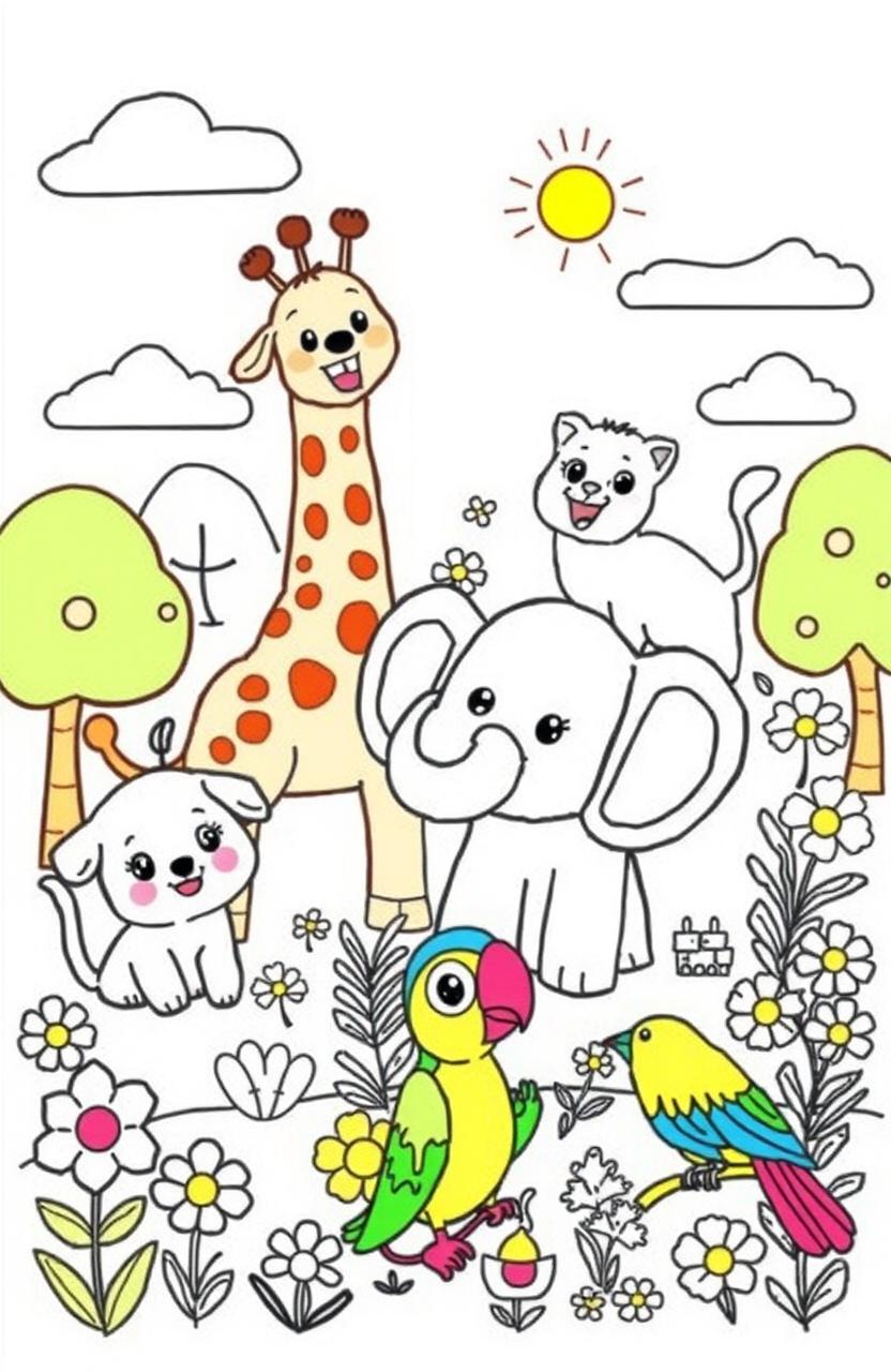 A bright and cheerful coloring book page filled with a variety of adorable animals designed for kids