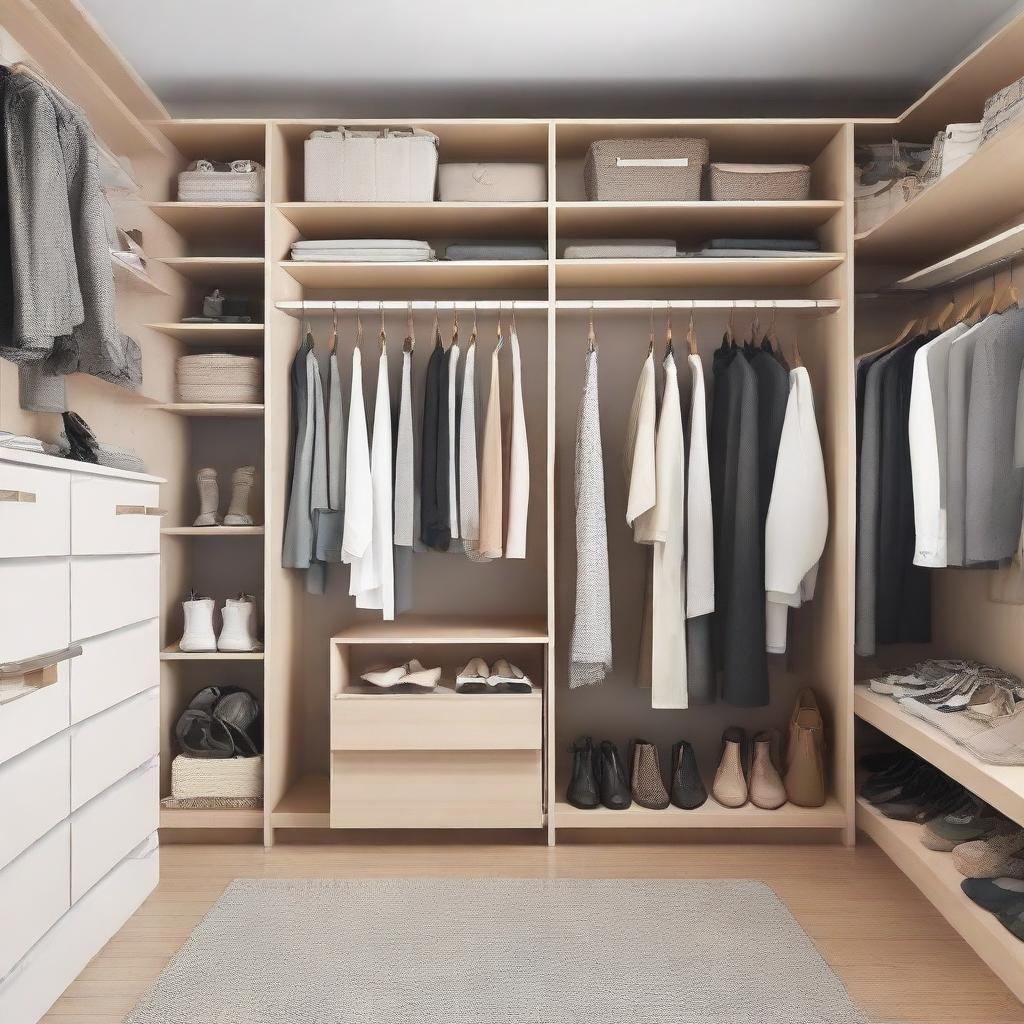 A spacious, well-organised closet room filled with a variety of clothes, shoes, and accessories. The room is well lit, displaying neatly folded piles and carefully hung outfits.