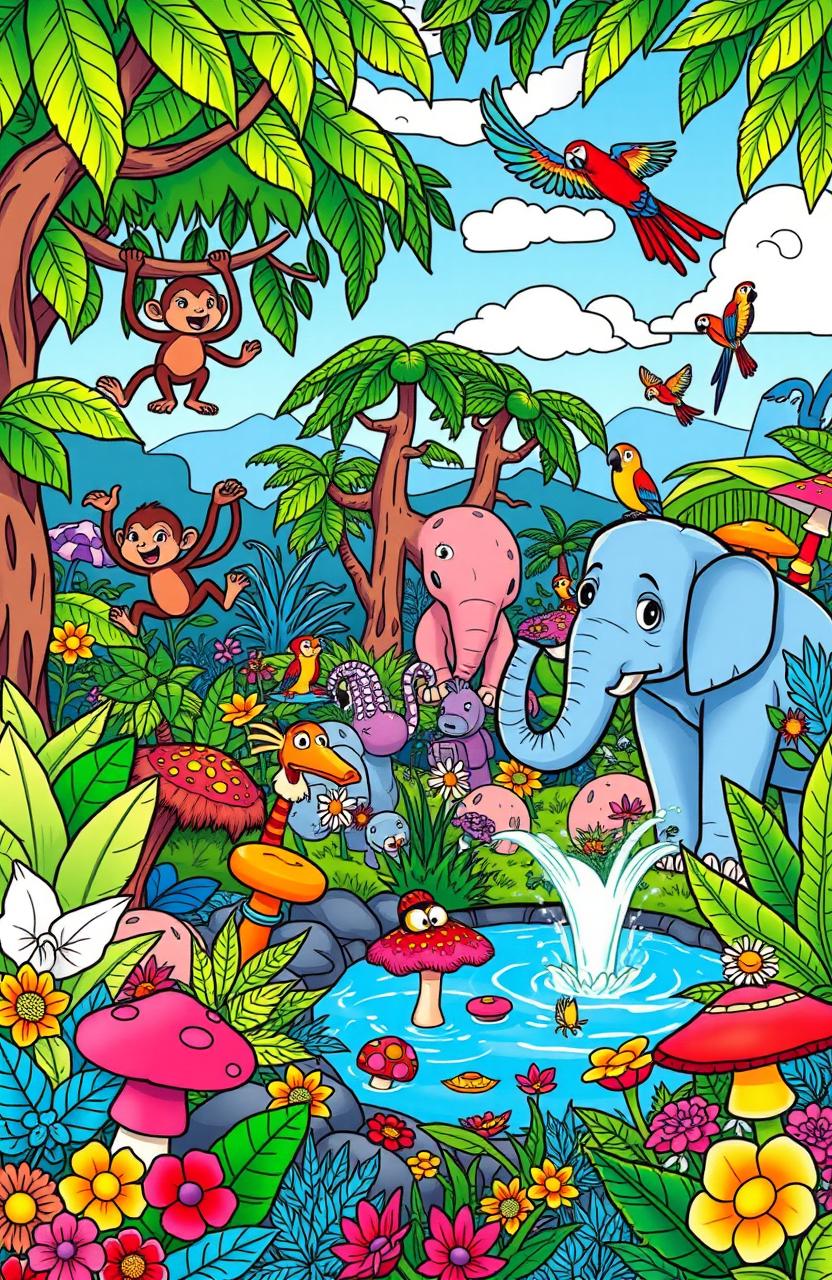 A vibrant, imaginative scene featuring a variety of wild animals in a lush, colorful jungle setting
