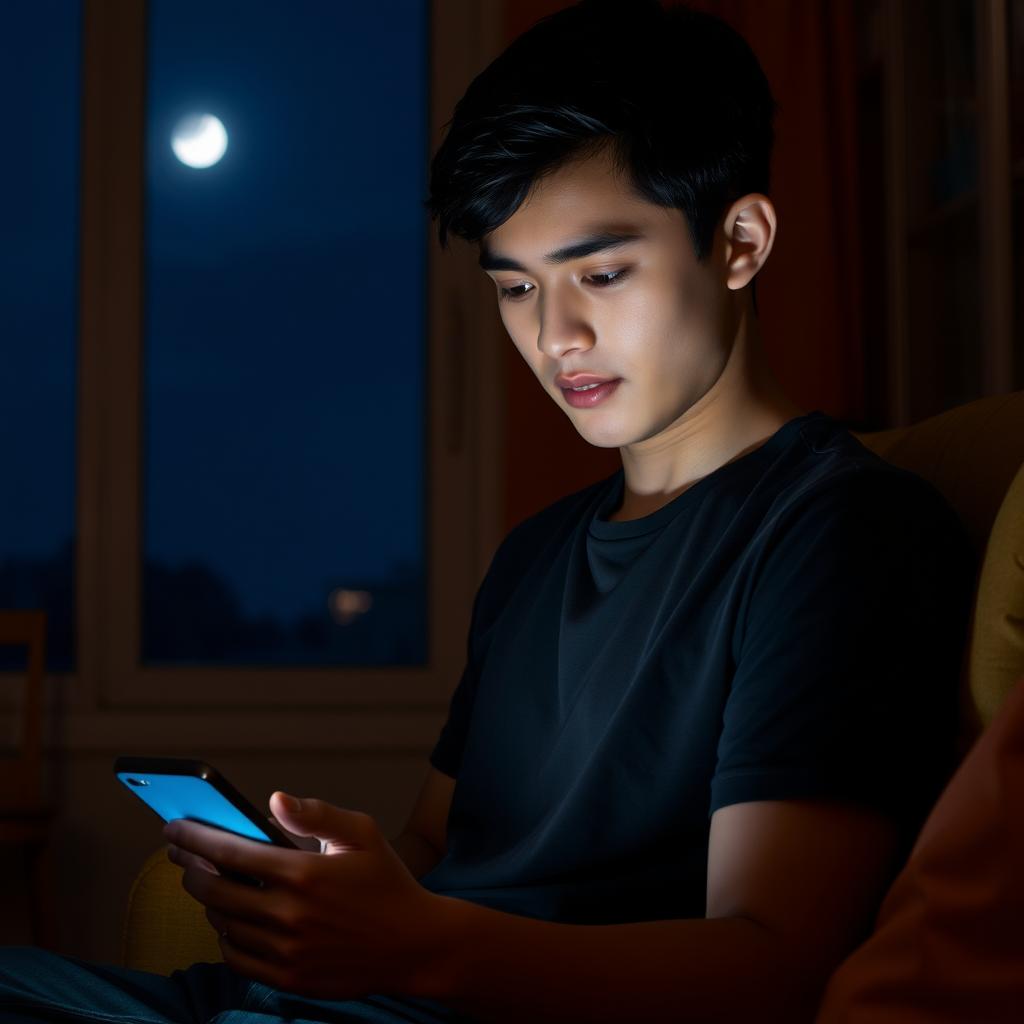 A young man sitting in a cozy, dimly lit room at night, focused on his smartphone