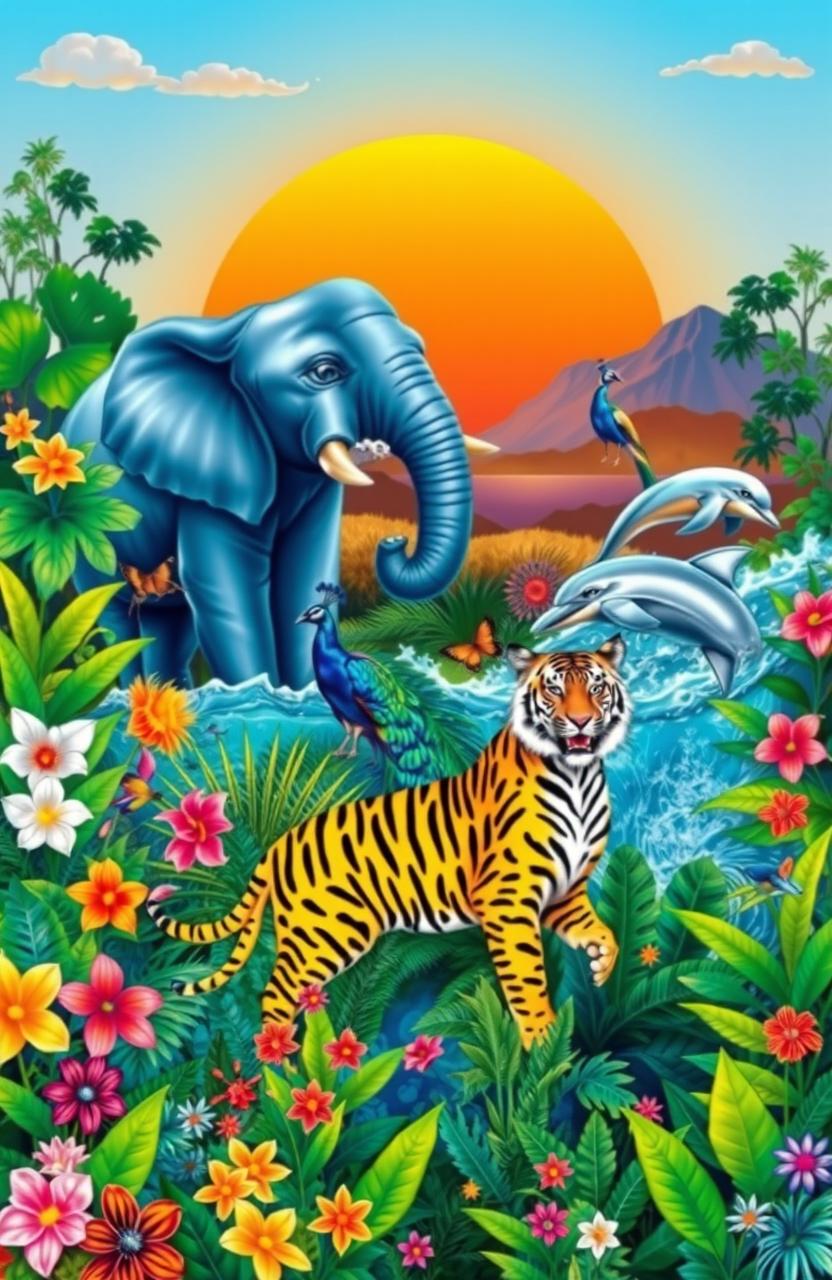 A vibrant and colorful illustration showcasing amazing animals from around the world, including a majestic elephant surrounded by lush green foliage, a playful kangaroo hopping in a sunny Australian landscape, a regal peacock displaying its stunning feathers, a graceful dolphin leaping through crystal-clear waves, and a striking tiger prowling through a dense jungle