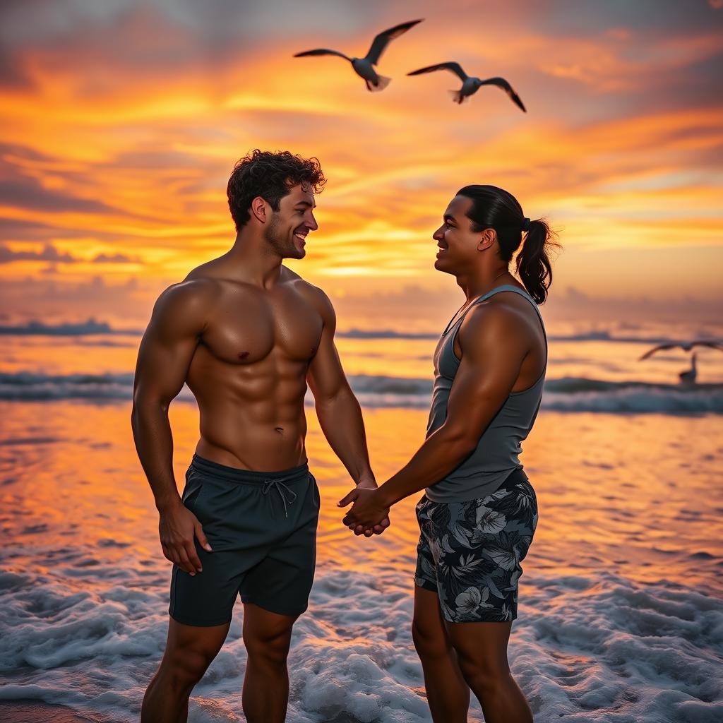 A romantic scene between two muscular men, standing on a beach at sunset