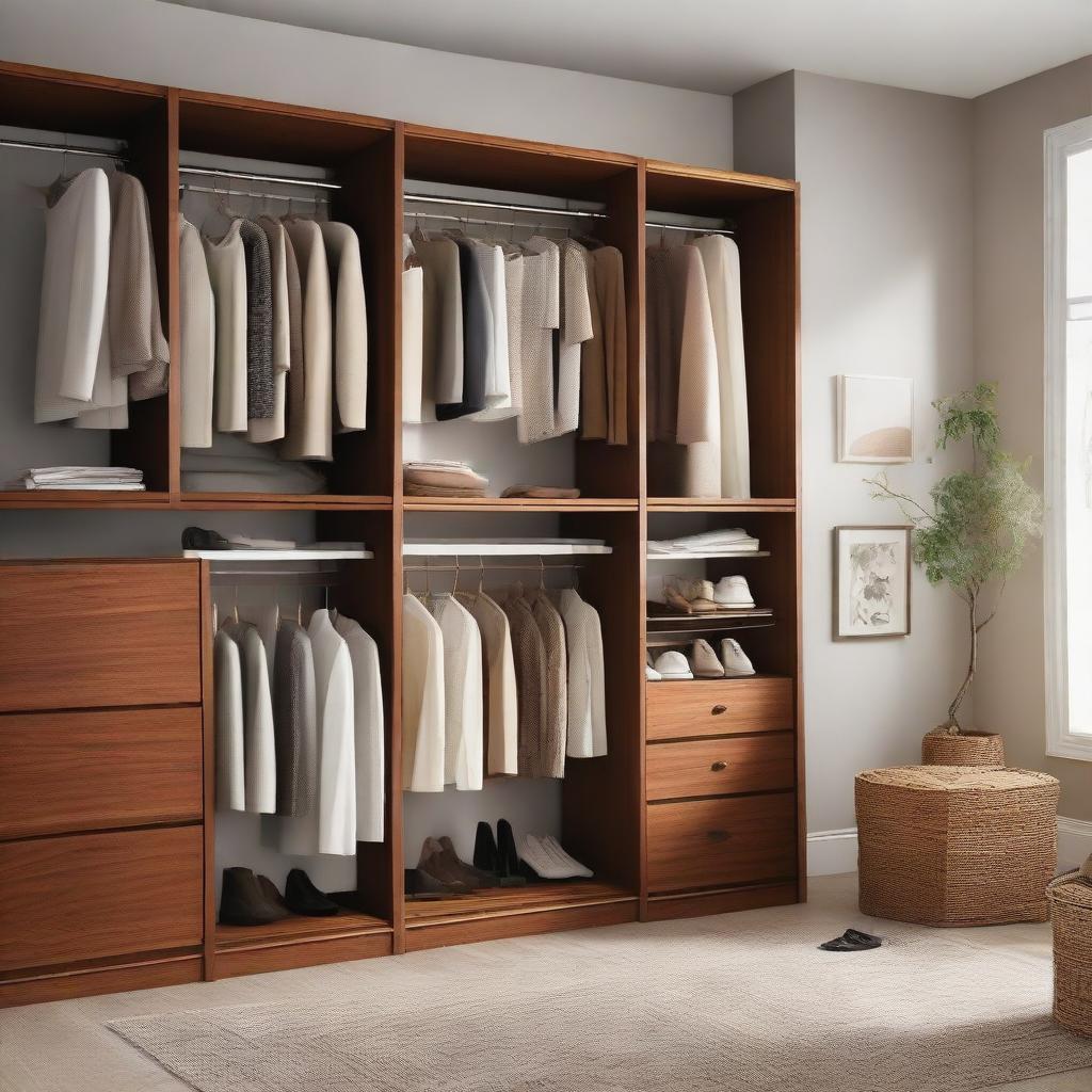 A spacious, well-organised closet room filled with a variety of clothes, shoes, and accessories. The room is well lit, with all furniture and shelving made of rich, brown wood. Neatly folded piles and carefully hung outfits are displayed.