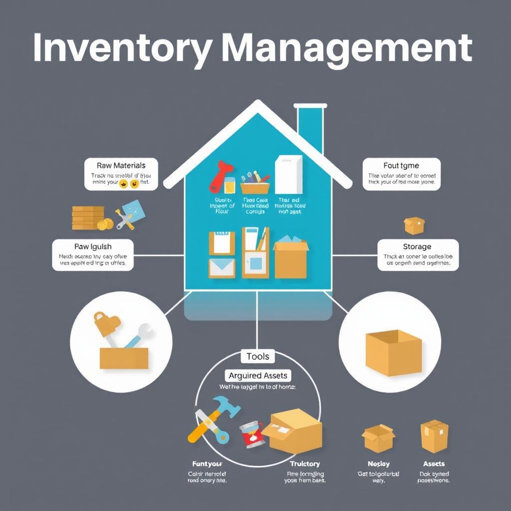 An informative and visually appealing infographic illustrating the relationship between inventory management and various household items such as raw materials, tools, and acquired assets in a home