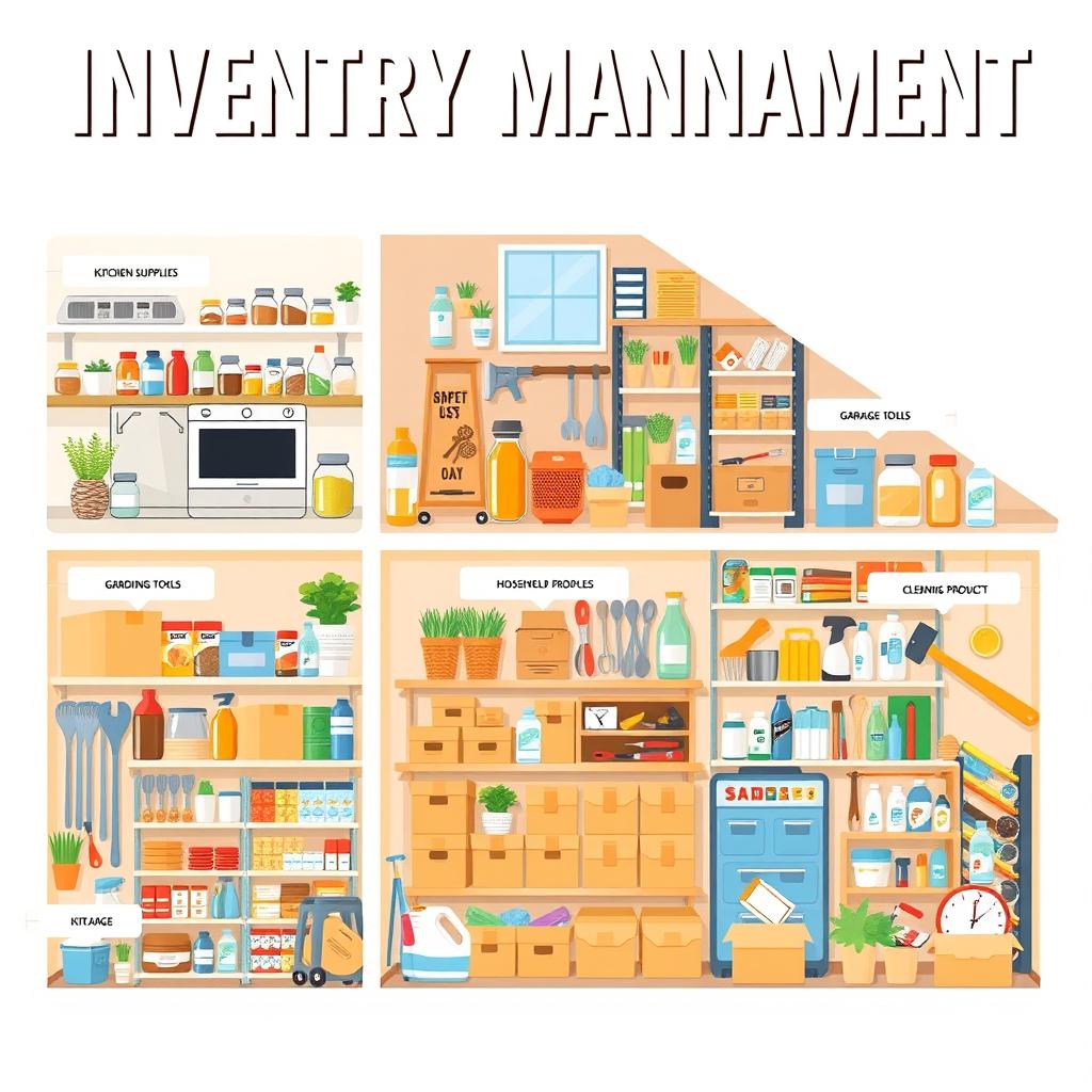 An informative and visually engaging illustration representing the concept of inventory management in a home setting