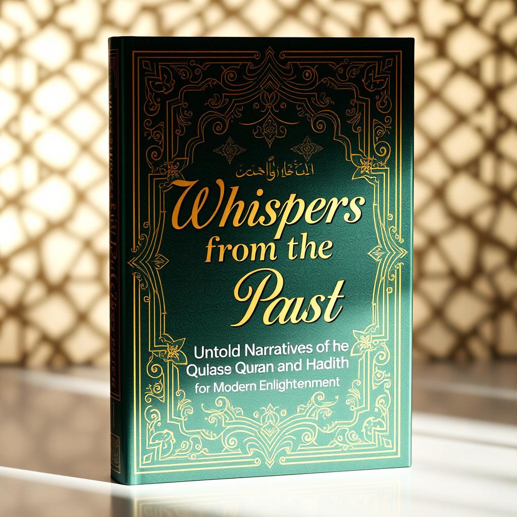 A beautifully crafted book cover titled "Whispers from the Past: Untold Narratives of the Quran and Hadith" with the subtitle "Rediscovering Forgotten Stories for Modern Enlightenment"