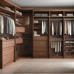 A spacious, well-organised closet room filled with a variety of clothes, shoes, and accessories. The room is well lit, with all furniture and shelving made of rich, brown wood. Neatly folded piles and carefully hung outfits are displayed.