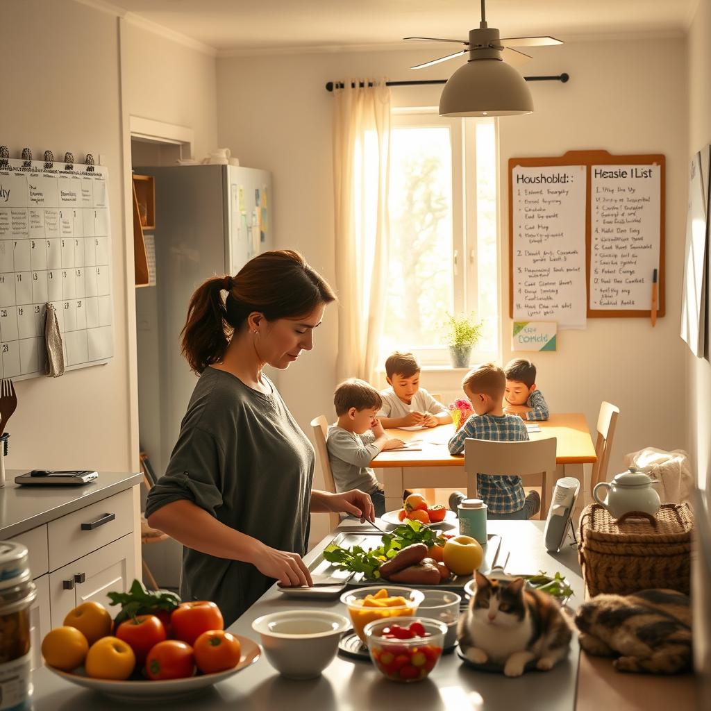 A cozy and organized home setting showcasing the daily logistics of household management