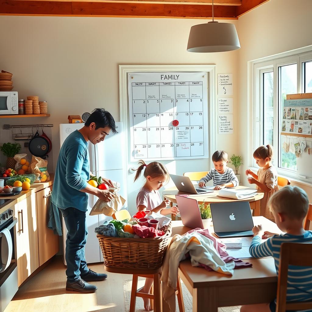A vibrant and dynamic home environment illustrating the daily logistics of household management
