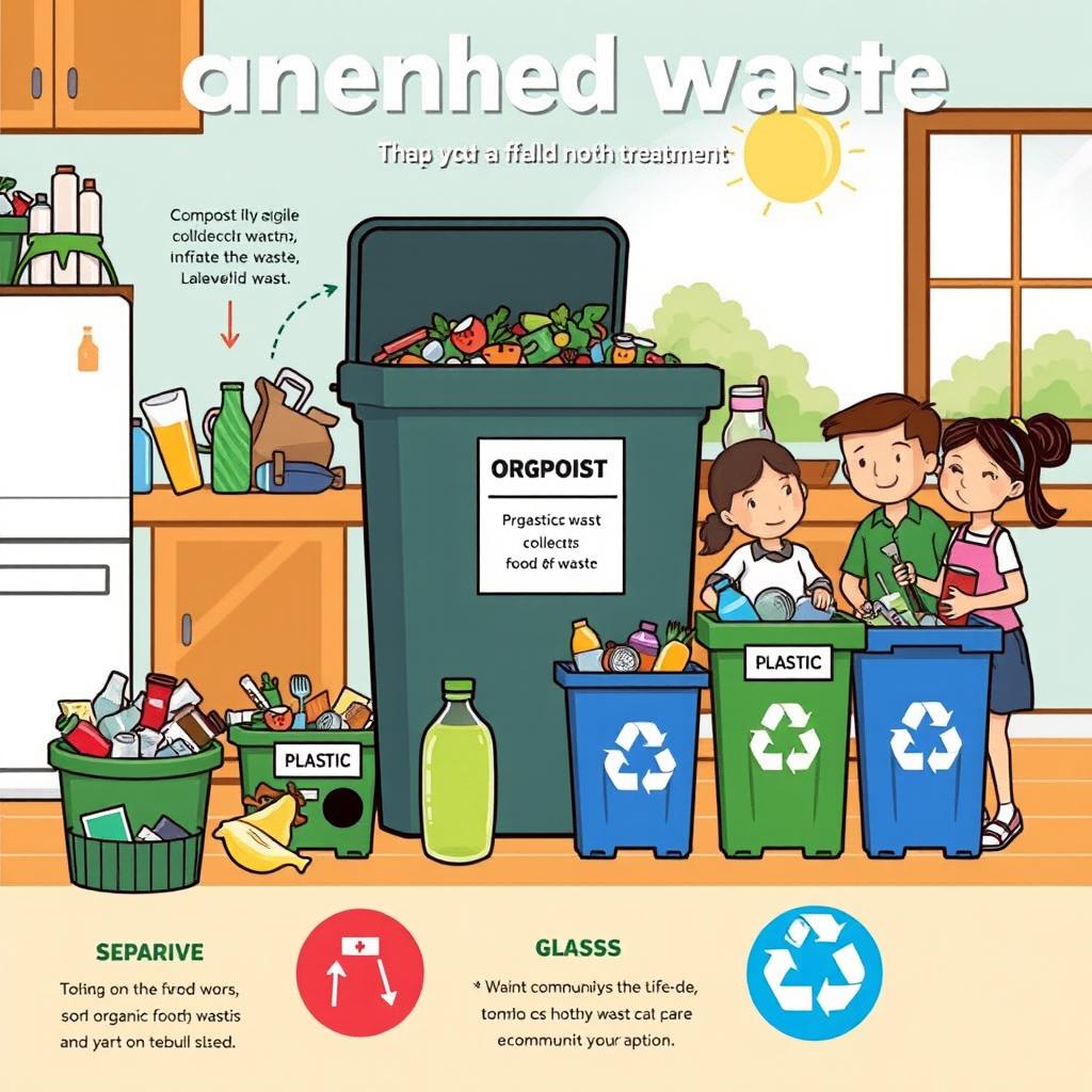 An informative and engaging illustration depicting household waste treatment processes