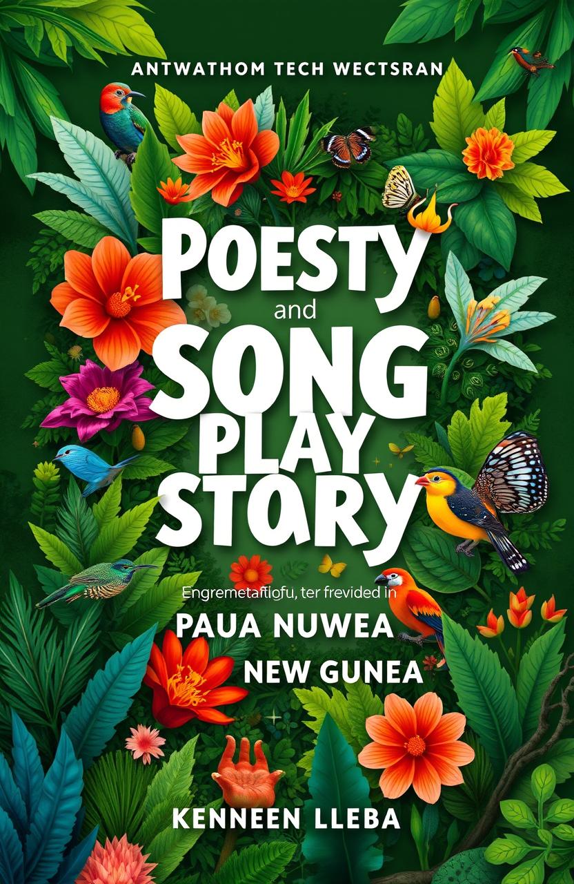 A visually engaging book cover that beautifully integrates elements representing poetry, song, play, and story, set against a backdrop of a lush natural environment, symbolizing the rich landscapes of Papua New Guinea