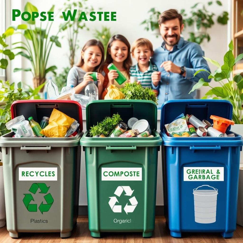 An informative scene depicting proper waste management at home, showcasing various bins for recycling, composting, and general waste
