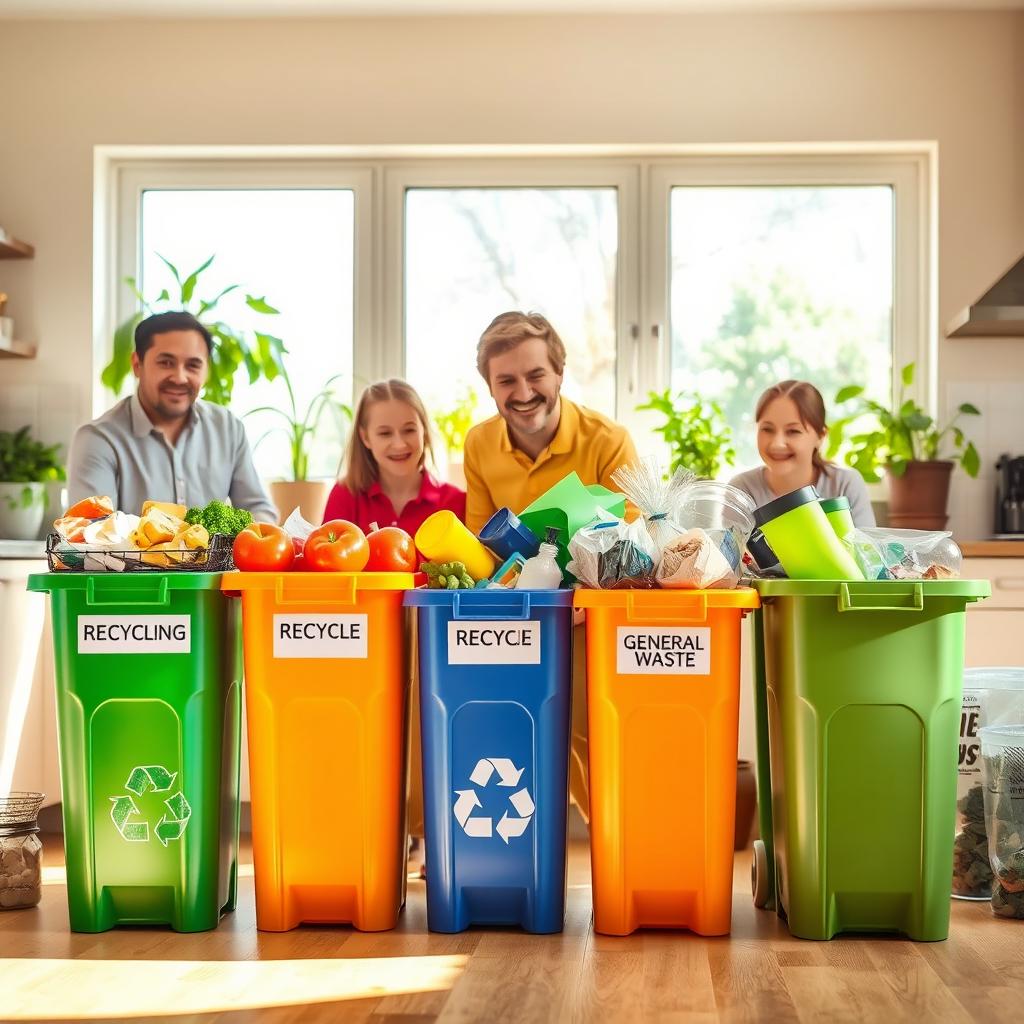 An engaging scene depicting the proper home waste management process, showcasing various types of waste bins labeled for recycling, composting, and general waste