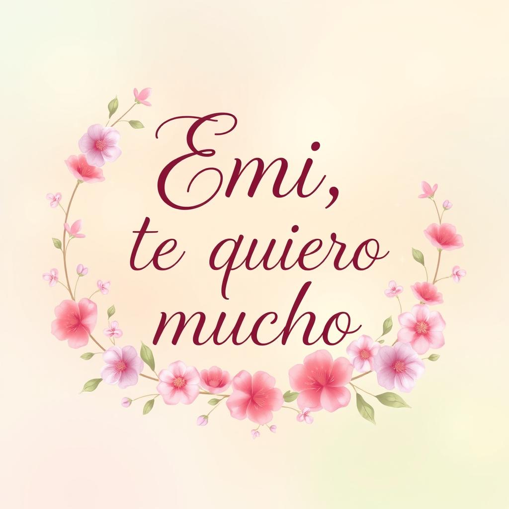 A beautiful and artistic design featuring the message "Emi, te quiero mucho" in elegant and flowing script