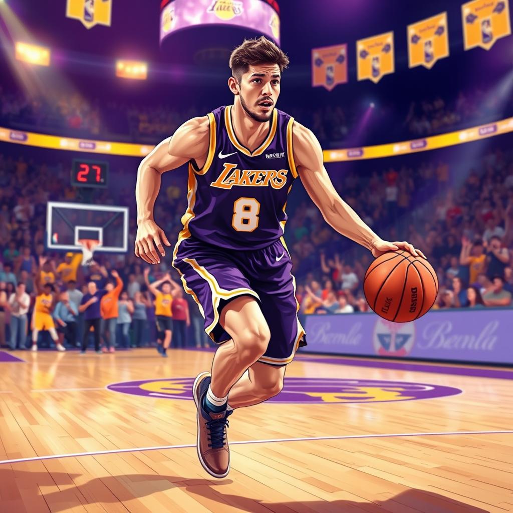 A dynamic illustration of a male basketball player resembling Luka Doncic, wearing an elegant Los Angeles Lakers jersey, in an action-packed pose as he dribbles a basketball on the court