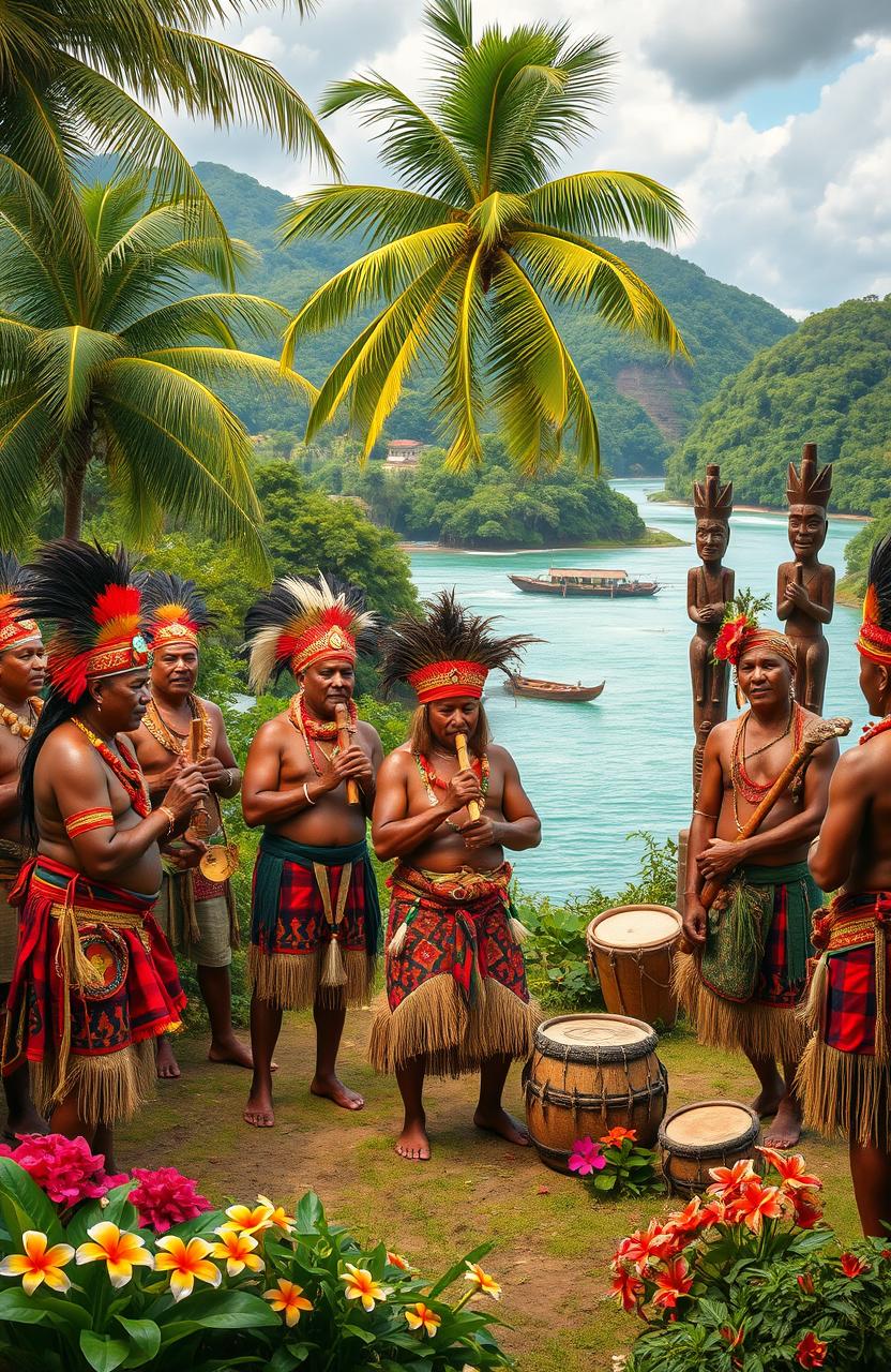 A captivating visual representation of a traditional Papua New Guinea cultural scene, featuring a vibrant gathering with local people dressed in elaborate, colorful traditional attire