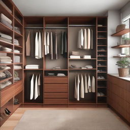 A spacious, well-organised closet room filled with a variety of clothes, shoes, and accessories. The room is well lit, with all furniture and shelving made of rich, brown wood. Neatly folded piles and carefully hung outfits are displayed.