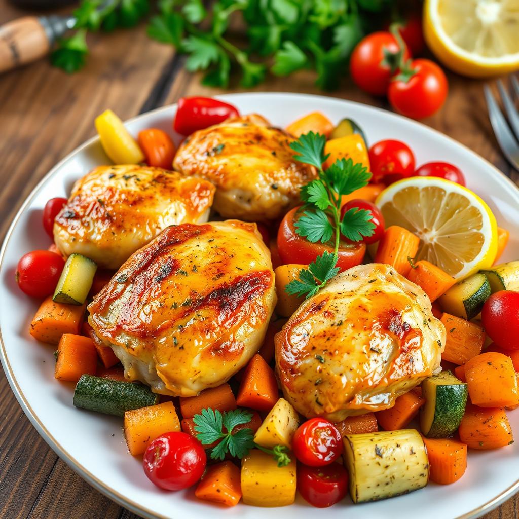 A vibrant, colorful display of a chicken and vegetable recipe
