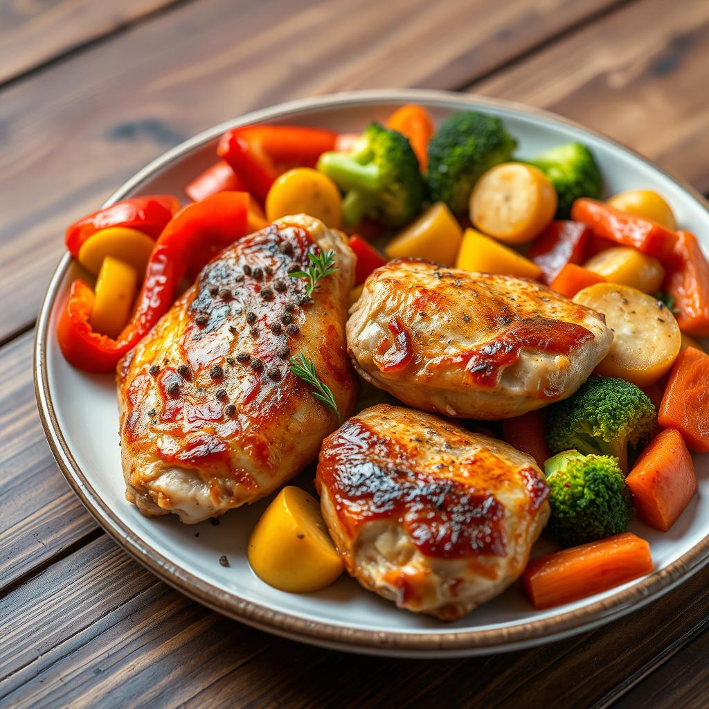 A beautifully arranged plate of chicken with vegetables, showcasing succulent roasted chicken pieces that are crispy and golden-brown