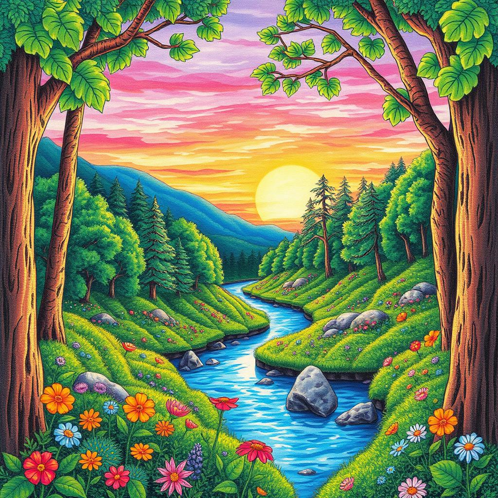 A beautifully colored illustration showcasing a vibrant and intricate landscape scene, featuring a lush green forest with a sparkling blue river flowing through it, all colored in with colored pencils