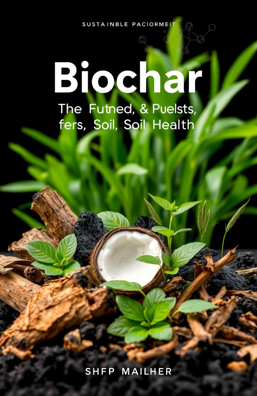A visually striking book cover about biochar, focusing on the theme of sustainable agriculture and environmental health