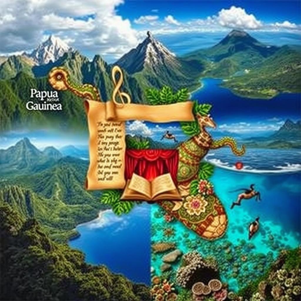 A visually stunning collage that combines the natural beauty of Papua New Guinea with elements of its cultural expressions