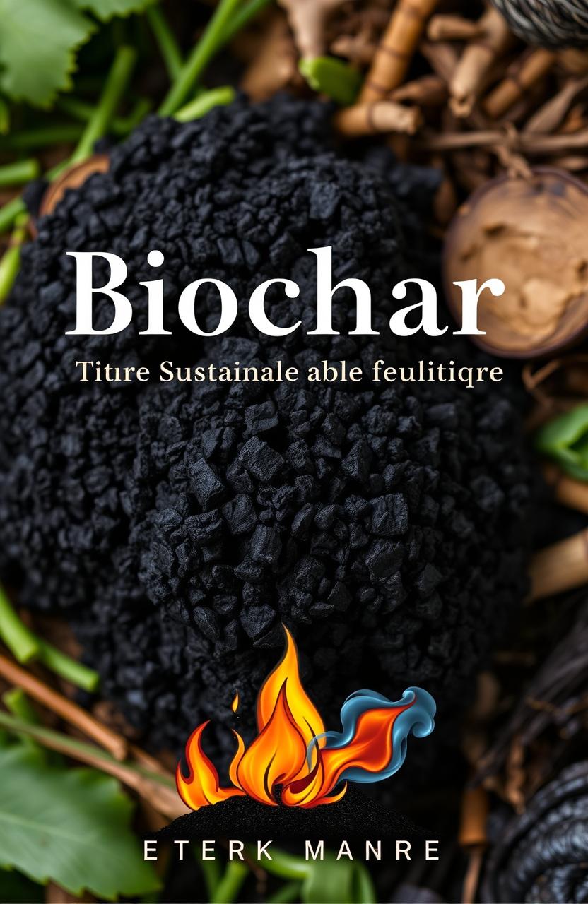 A stunning book cover design featuring a close-up of biochar, showcasing its distinct black, porous texture against a backdrop of green plants and organic materials
