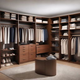 A spacious, well-organised closet room filled with a variety of clothes, shoes, and accessories. The room is well lit, with all furniture and shelving made of rich, brown wood. Neatly folded piles and carefully hung outfits are displayed.