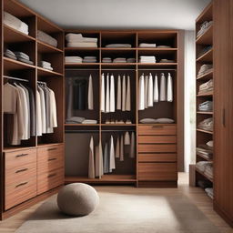 A spacious, well-organised closet room filled with a variety of clothes, shoes, and accessories. The brown wooden room has a specific area designed for long dresses. The rest of the space is well lit and filled with neatly folded piles and carefully hung outfits.