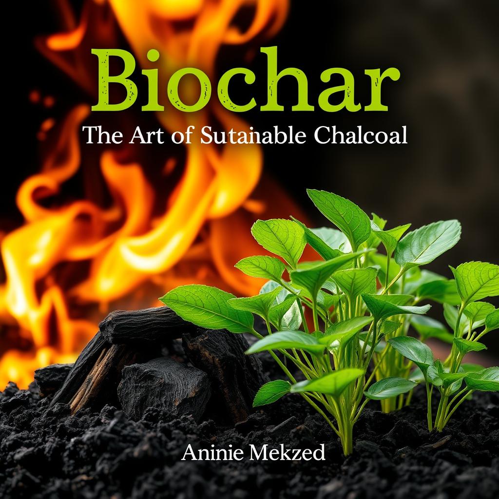 A visually striking book cover design for a book on Biochar, a form of charcoal produced through the pyrolysis of organic materials