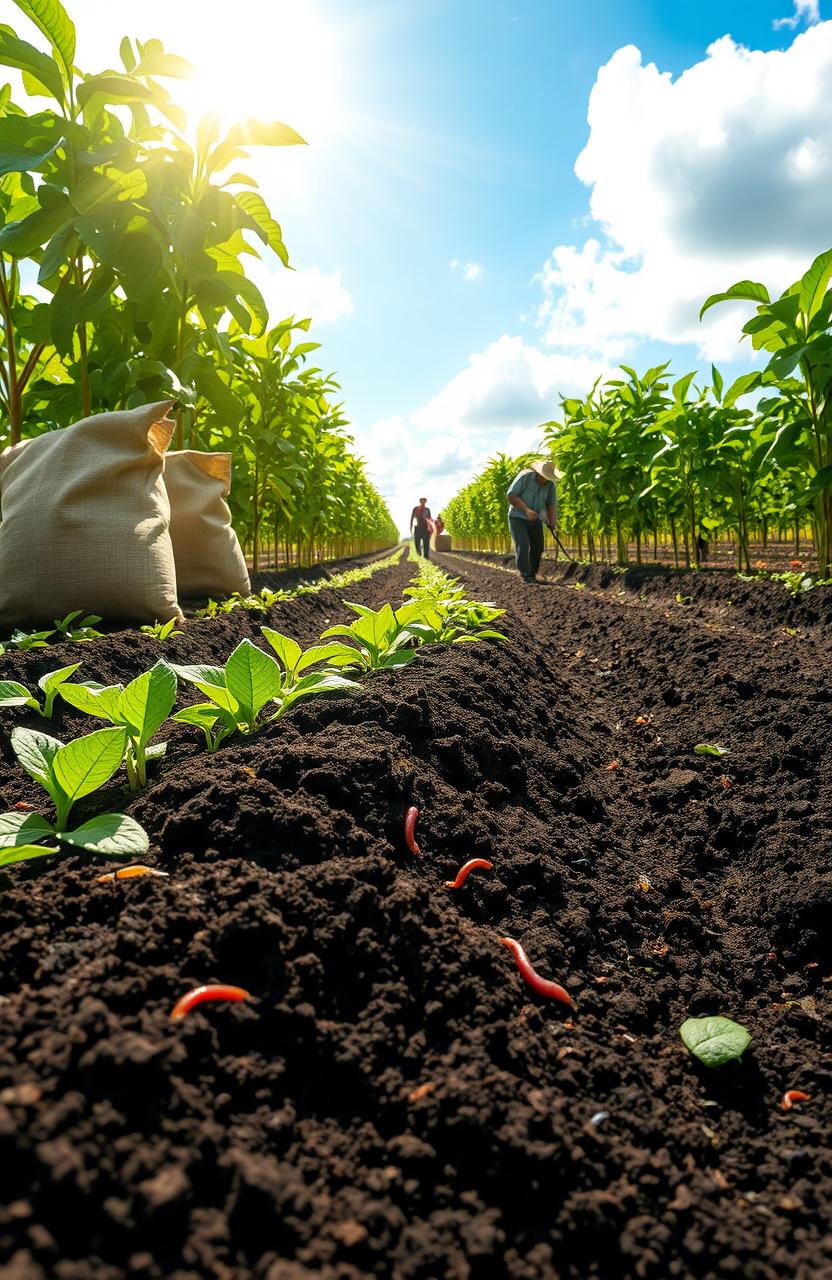 A detailed scene illustrating the concept of biochar being used in agricultural soils