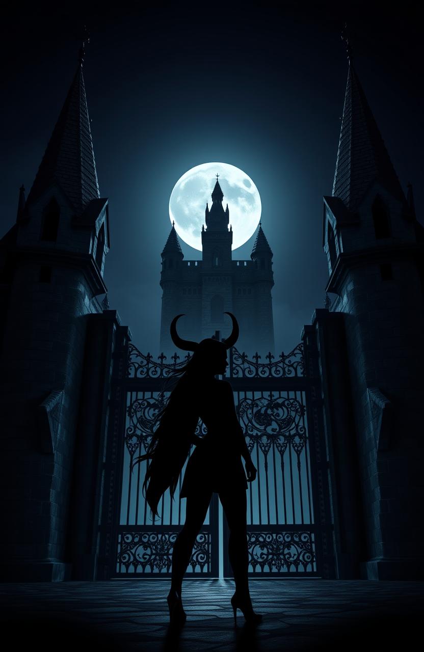 A striking silhouette of a horned woman standing confidently in front of grand castle gates