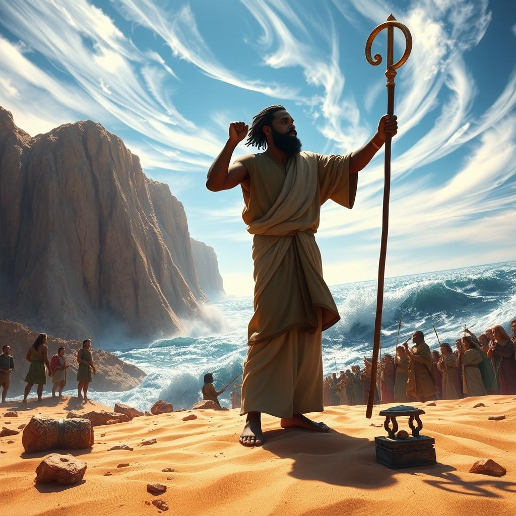 An awe-inspiring scene depicting Black Moses standing confidently on the shore of the Red Sea, dramatically gesturing with his staff as the waters part