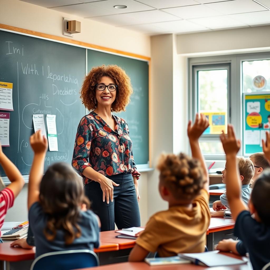 A classroom scene featuring a dedicated teacher standing by a chalkboard, enthusiastically teaching a diverse group of students