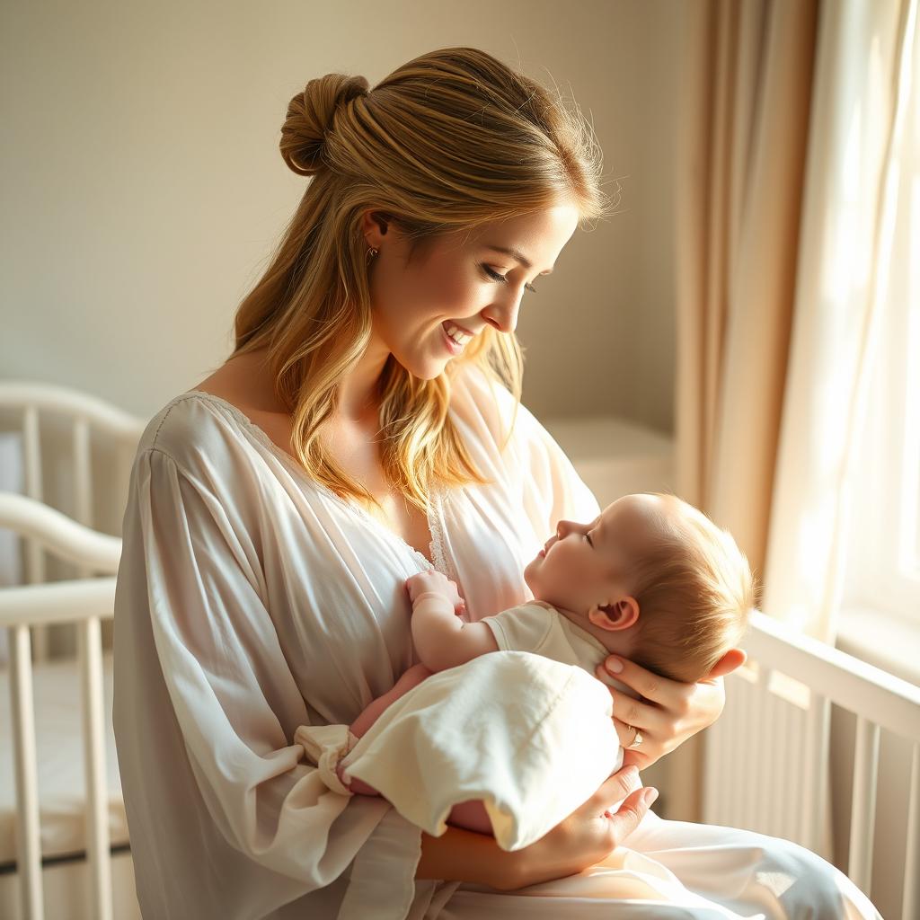 A serene and intimate scene showcasing the bond between a mother and her child, with a focus on the loving gaze shared between them