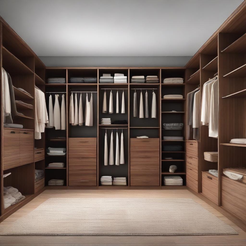 A spacious, well-organised closet room filled with a variety of clothes, shoes, and accessories. The brown wooden room has a specific area designed for long dresses. The rest of the space is well lit and filled with neatly folded piles and carefully hung outfits.