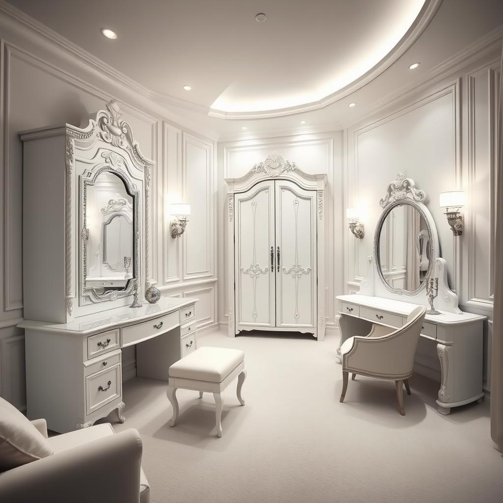 A luxurious yet simple room designed in white tones, featuring a modern royal-style dressing table with an elegant mirror, a classy wardrobe with intricate details, and a small study desk arranged tastefully