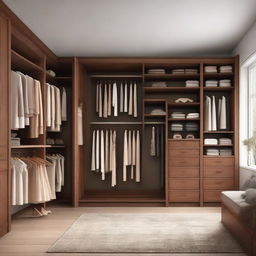 A spacious, well-organised closet room filled with a variety of clothes, shoes, and accessories. The brown wooden room has a specific area designed for long dresses. The rest of the space is well lit and filled with neatly folded piles and carefully hung outfits.