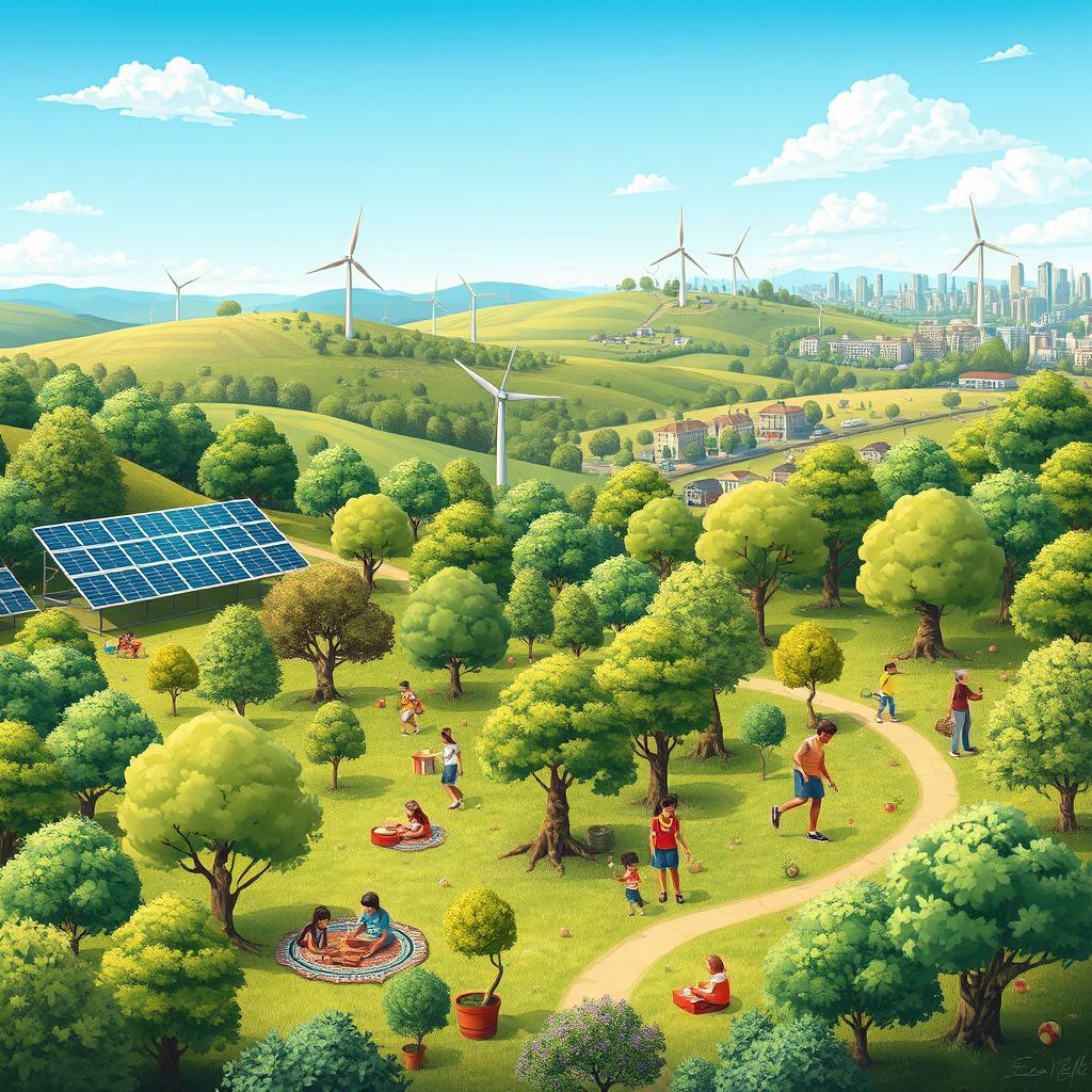 A vibrant and detailed illustration showcasing a sustainable future where tree planting and energy conservation are prioritized