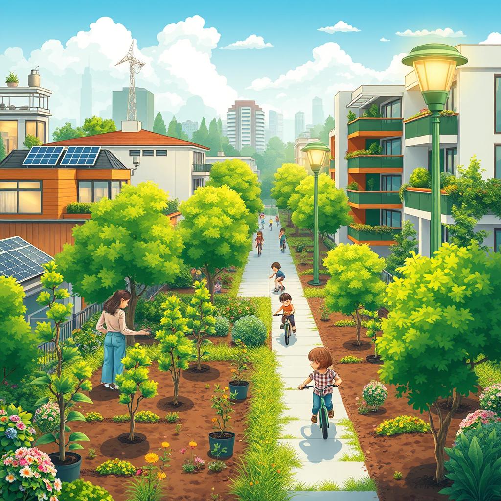 A detailed and lively illustration depicting a green cityscape where tree planting and efficient electricity consumption are harmoniously integrated
