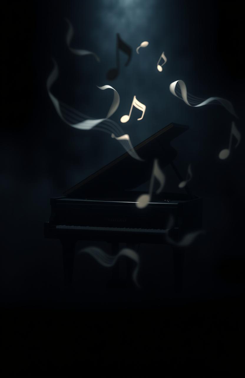 A grand piano in a dark, mysterious setting, surrounded by flowing musical notes that seem to float in the air