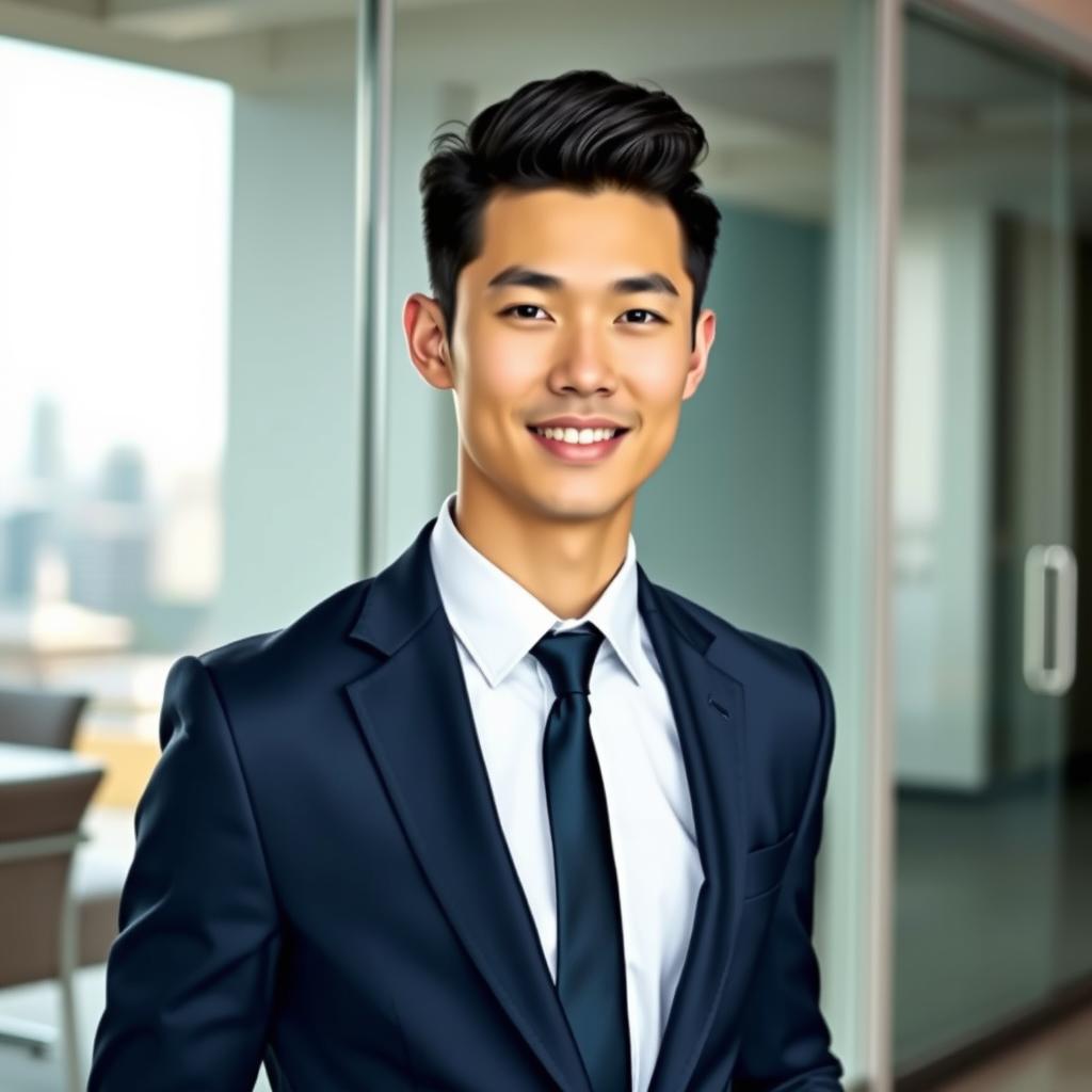 A stylish young man wearing a well-fitted dark navy suit, standing confidently, with a sleek tie and polished shoes