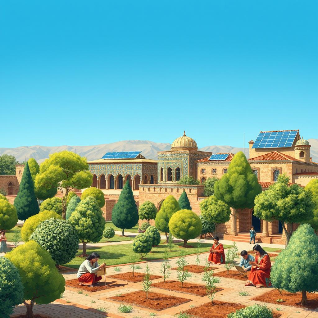 A captivating illustration inspired by Iranian culture, depicting the importance of energy conservation in preserving trees