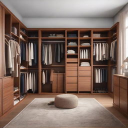 A spacious, well-organised closet room filled with a variety of clothes, shoes, and accessories. The brown wooden room has a specific area designed for long dresses. The rest of the space is well lit and filled with neatly folded piles and carefully hung outfits.