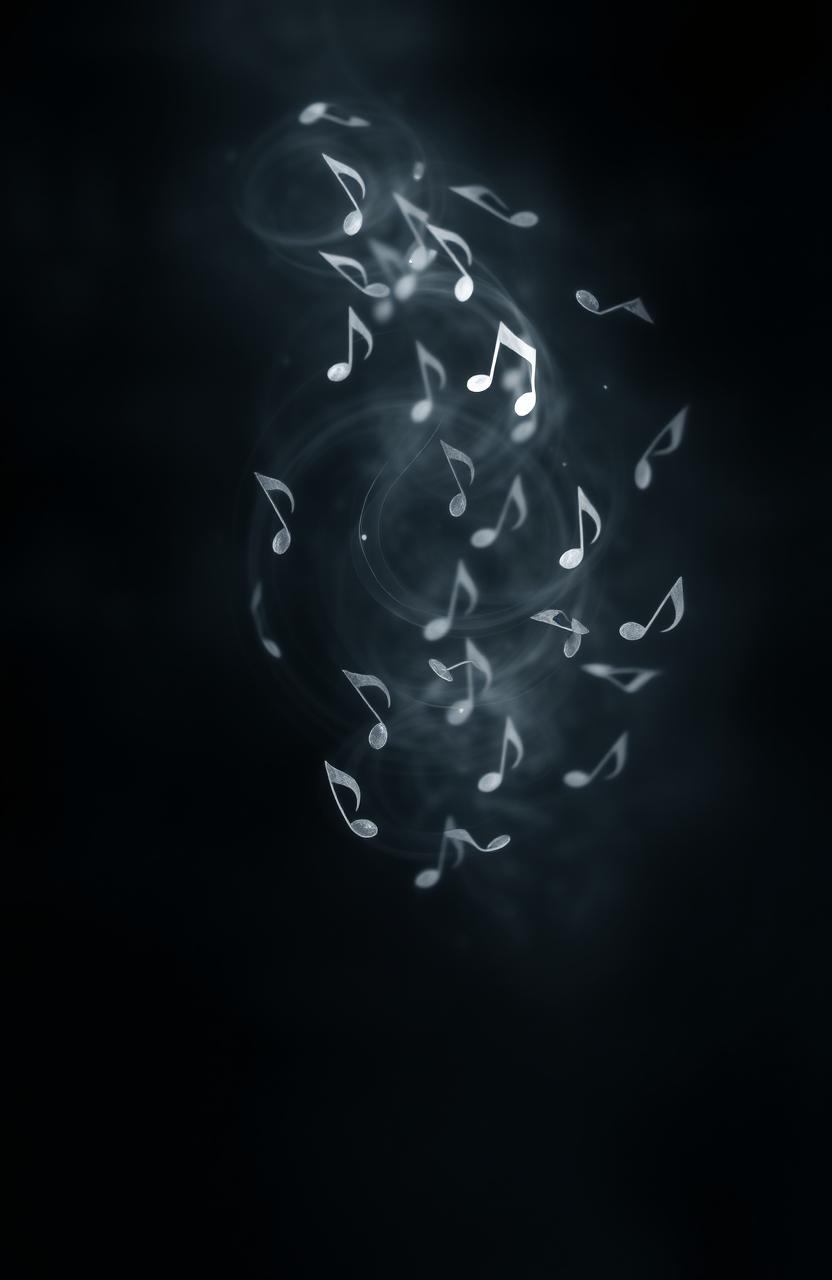 An abstract representation of musical notes swirling in a dark, mysterious environment