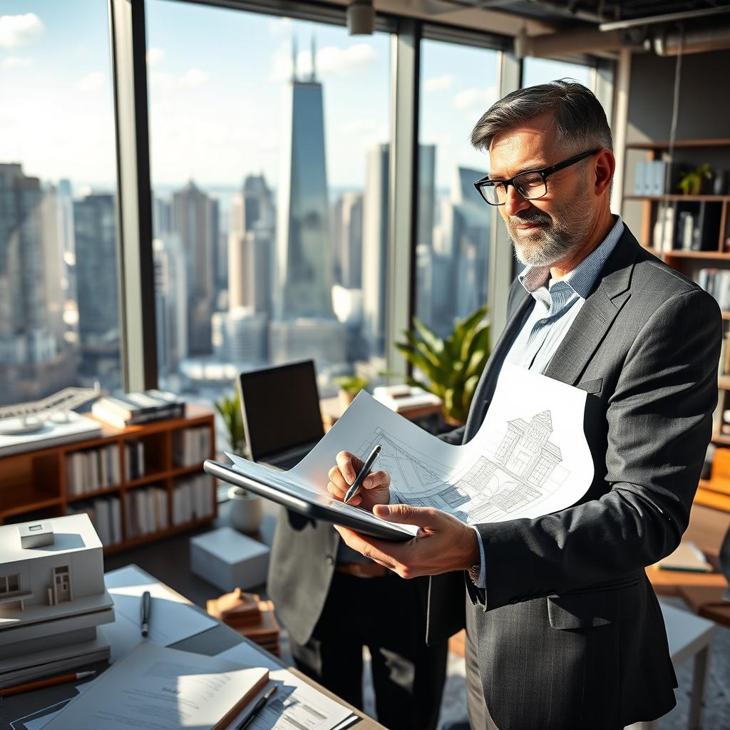 A highly successful architect in a modern office setting, confidently engaged in designing building blueprints, surrounded by large windows showcasing a vibrant city skyline