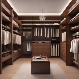 A spacious, well-organised closet room that has a ceiling height of 260 cm. The room, made of rich, brown wood, includes a specific area for long dresses. The remaining sections are filled with neatly arranged clothes, shoes, and accessories.