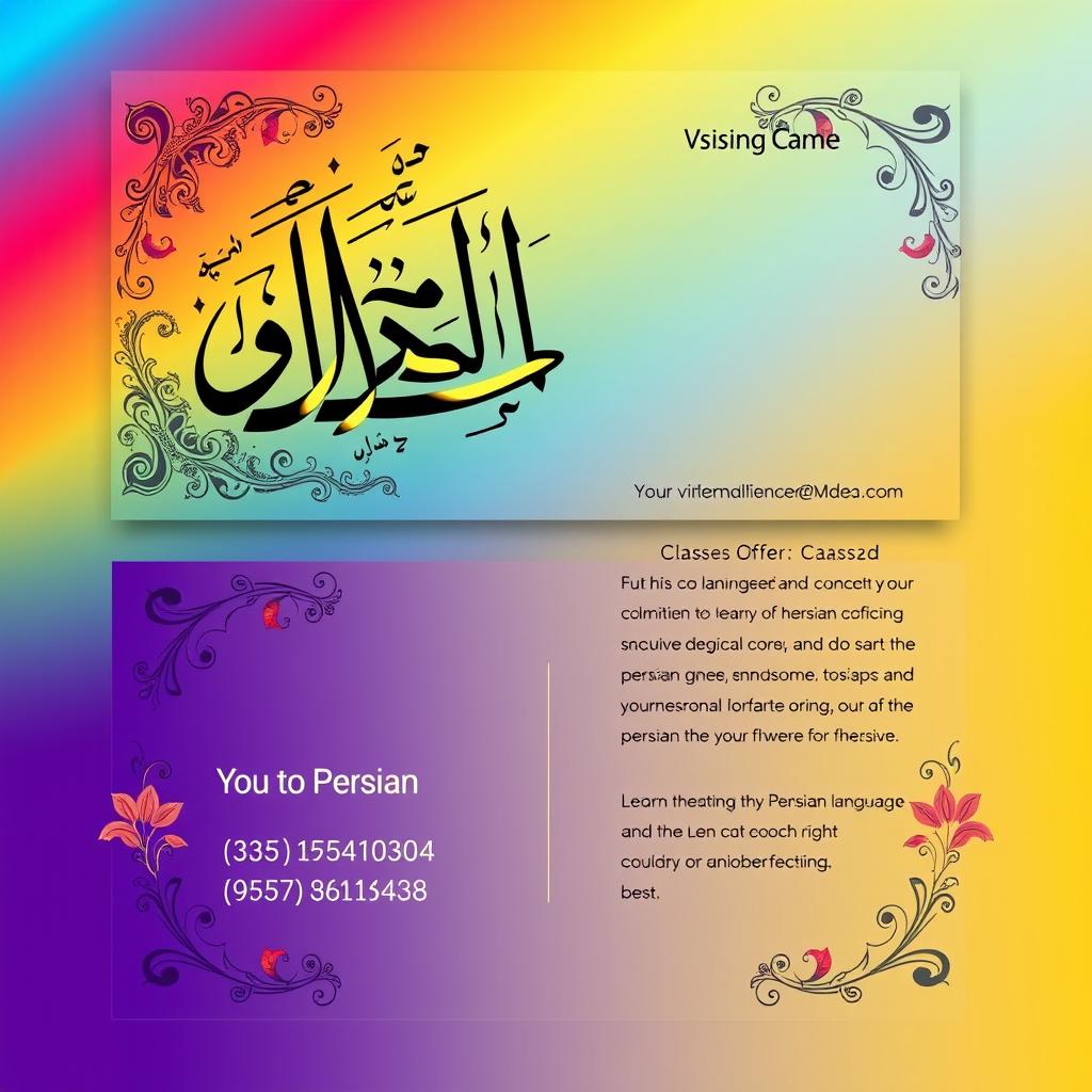 A vibrant and visually appealing visiting card design that promotes learning Persian language