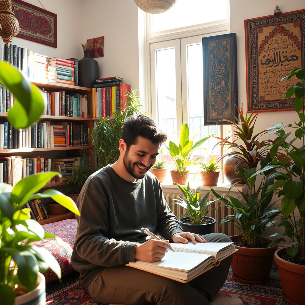 An inviting and cozy study room filled with Persian cultural elements, featuring colorful Persian rugs, shelves lined with books in the Persian language, a traditional Persian calligraphy art piece on the wall, and a window with sunlight streaming in, casting warm light over a person joyfully writing in a notebook while practicing Persian writing