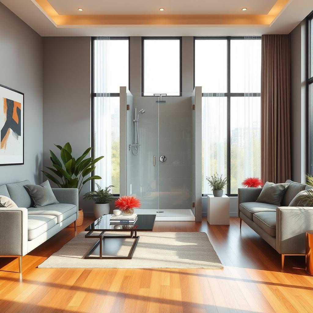 A modern living room featuring a stylish shower in the center, surrounded by an inviting layout